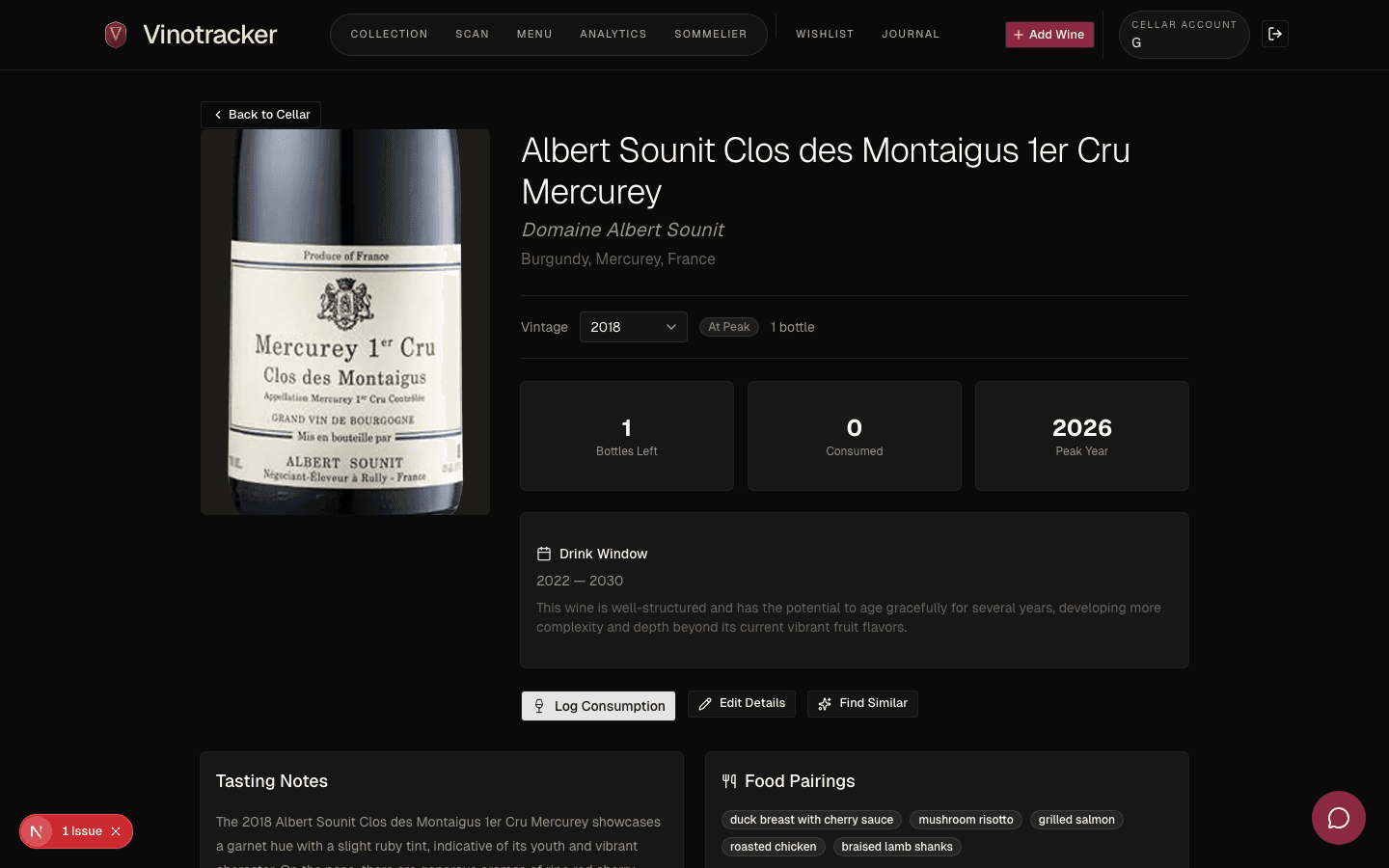 Wine detail page showing a scanned bottle with AI-generated tasting notes, food pairings, and drink window